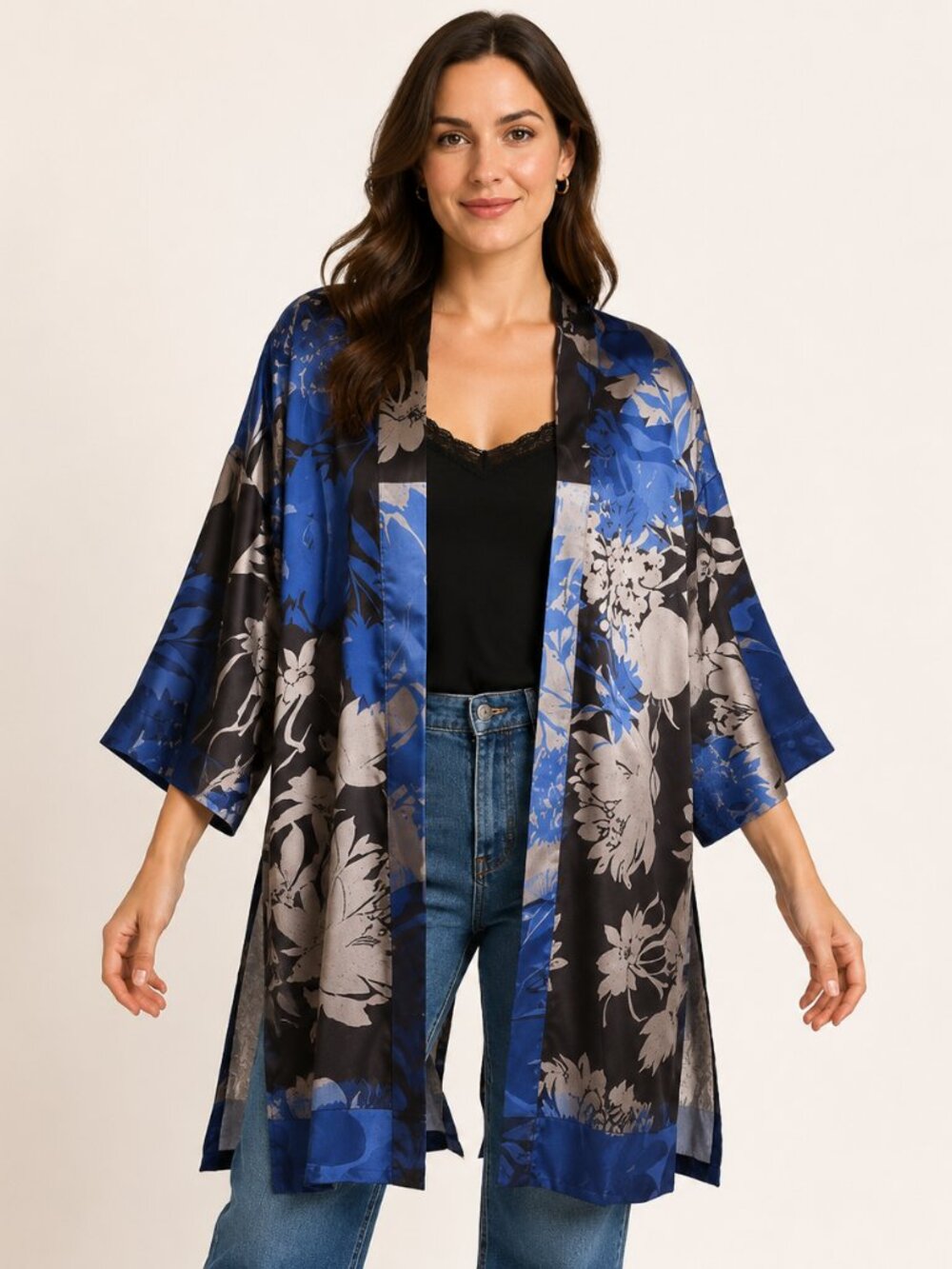 Chico’s Blue Black Floral Open Front Side Slit Kimono Duster Sz XXS/XS